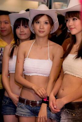 Picture tagged with: Asian, 3 girls, Hat, Tummy