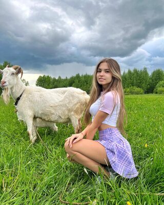 Picture tagged with: Skinny, Blonde, Lera Buns - Valeria Titova, Cute, Goat, Nature, Russian