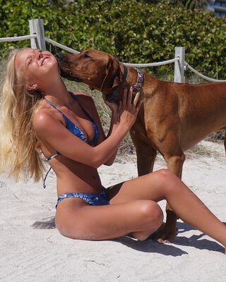 Picture tagged with: Skinny, Blonde, Morgan Cryer, American, Beach, Bikini, Cute, Dog, Legs, Smiling, Tanned, Tummy
