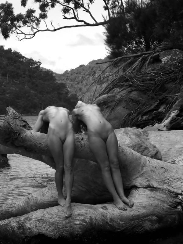 Picture tagged with: Skinny, Black and White, 2 girls, Feet, Legs, Nature, Small Tits, Tummy