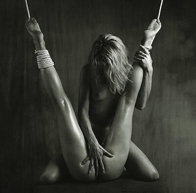 Picture tagged with: Black and White, Blonde, Feet, Legs, Lesbian, 2 girls, Bondage