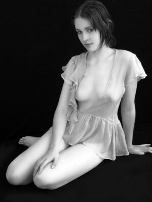 Picture tagged with: Black and White, Brunette, Eyes, Legs, Boobs, Shy