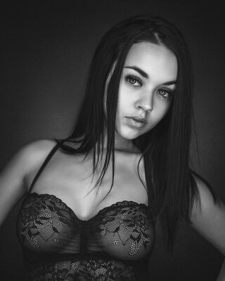 Picture tagged with: Black and White, Brunette, Hjørdis Arge, Lingerie