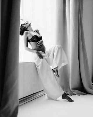 Picture tagged with: Black and White, Brunette, Katya Clover - Mango A, Cute, Lingerie, Pregnant, Russian, Tummy