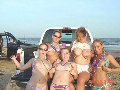 Picture tagged with: Blonde, Brunette, Busty, 5 girls, Beach, Bikini, Boobs, Car, Flashing, Flat chested, Monokini, Small Tits, Tummy