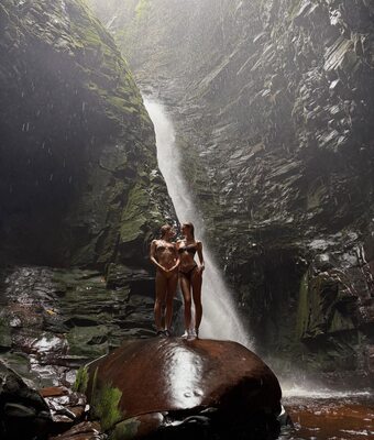 Picture tagged with: Skinny, American, Bikini, Blonde, Legs, Nature, Scarlett Leithold, 2 girls, Cute, Tummy, Waterfall