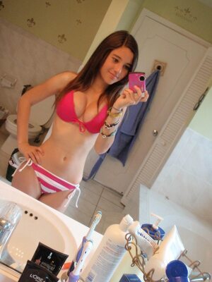 Picture tagged with: Skinny, Angie Varona, Brunette, Busty, Bikini, Cute, Mirror, Selfie, Tummy