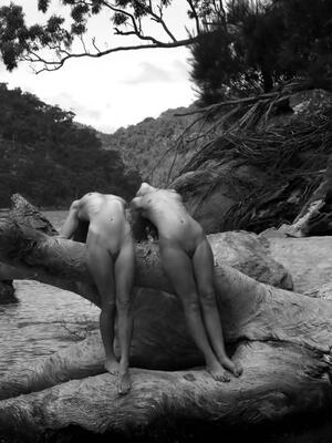 Picture tagged with: Skinny, Black and White, 2 girls, Feet, Legs, Nature, Small Tits, Tummy