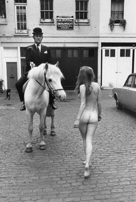 Picture tagged with: Skinny, Black and White, Ass - Butt, Horse, Public