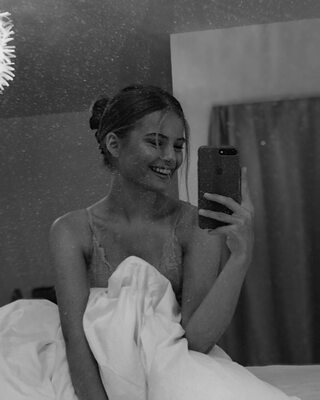 Picture tagged with: Skinny, Black and White, Blonde, Lotta Emilie Stichler, Cute, Lingerie, Selfie, Smiling, Swedish