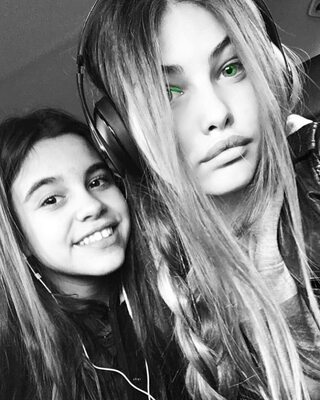 Picture tagged with: Skinny, Black and White, Brunette, Thylane Blondeau, 2 girls, Celebrity - Star, Cute, Eyes, French, Safe for work, Smiling