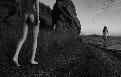 Picture tagged with: Skinny, Black and White, Roman Filippov, 3 girls, Art, Ass - Butt, Feet, Legs, Nature, Sexy Wallpaper, Tummy