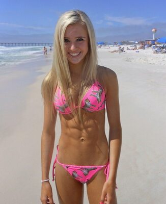 Picture tagged with: Skinny, Blonde, Beach, Bikini, Fit, Smiling, Tummy