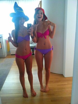 Picture tagged with: Skinny, Blonde, Brunette, 2 girls, Bikini, Cute, Feet, Legs, Selfie, Tummy