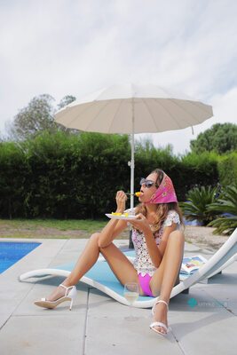 Picture tagged with: Skinny, Blonde, Cafe Society, Katya Clover - Mango A, katya-clover.com, Legs, Pool, Russian, Safe for work, Wine