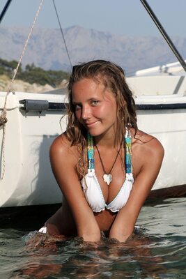 Picture tagged with: Skinny, Blonde, Katya Clover - Mango A, MET Art, Verim, Bikini, Boat, Cute, Russian, Safe for work, Smiling