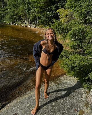 Picture tagged with: Skinny, Blonde, Lotta Emilie Stichler, Bikini, Cute, Feet, Legs, Nature, Smiling, Swedish, Tummy