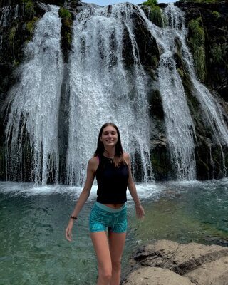 Picture tagged with: Skinny, Brunette, Delfina Suarez Luco, Argentinean, Cute, Legs, Nature, Smiling, Waterfall