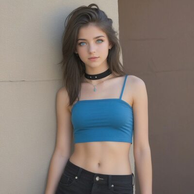 Picture tagged with: Skinny, Brunette, DreamworldAI, AI-Generated, Cute, Eyes, Tummy