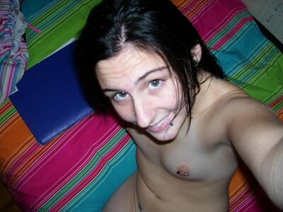 Picture tagged with: Skinny, Brunette, Eyes, Piercing, Selfie, Sexy Wallpaper, Smiling, Flat chested, Small Tits, Tummy