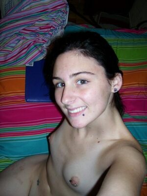 Picture tagged with: Skinny, Brunette, Eyes, Piercing, Selfie, Smiling, Flat chested, Small Tits