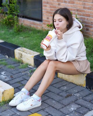 Picture tagged with: Skinny, Brunette, Lera Buns - Valeriia Makusheva - Valeria Titova, Burger King, Cute, Legs, Russian, Safe for work