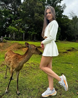 Picture tagged with: Skinny, Brunette, Lera Buns - Valeriia Makusheva - Valeria Titova, Cute, Deer, Legs, Nature, Russian, Smiling