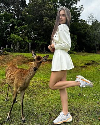 Picture tagged with: Skinny, Brunette, Lera Buns - Valeriia Makusheva - Valeria Titova, Cute, Deer, Legs, Nature, Russian, Smiling