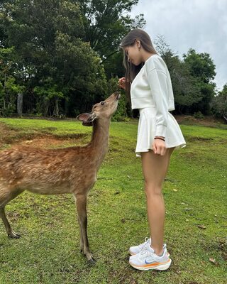 Picture tagged with: Skinny, Brunette, Lera Buns - Valeriia Makusheva - Valeria Titova, Cute, Deer, Legs, Nature, Russian