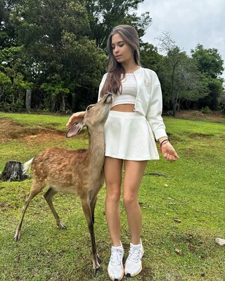 Picture tagged with: Skinny, Brunette, Lera Buns - Valeriia Makusheva - Valeria Titova, Cute, Deer, Legs, Nature, Russian