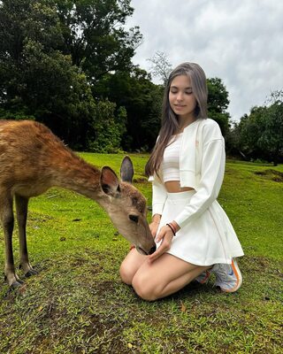 Picture tagged with: Skinny, Brunette, Lera Buns - Valeriia Makusheva - Valeria Titova, Cute, Deer, Legs, Nature, Russian